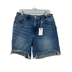 GOOD AMERICAN Size 12 Indigo Distressed Raw Hem Denim Shorts 8" Inseam